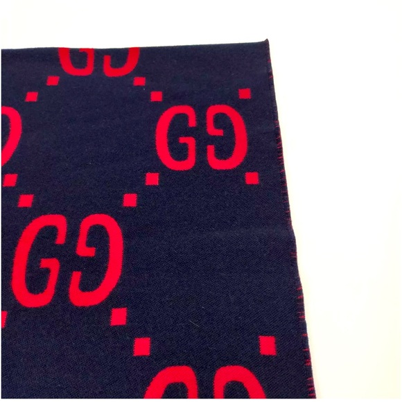 Auth Gucci GG Jacquard Navy Blue Red Wool Silk Scarf Wrap Stole On Sale Now - Picture 6 of 11